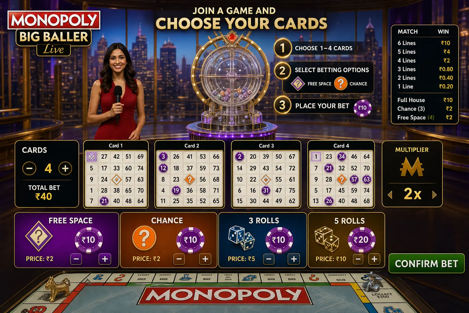 Step 1 guide: select bingo cards and place bets on Free Space or Chance in Monopoly Big Baller live game show
