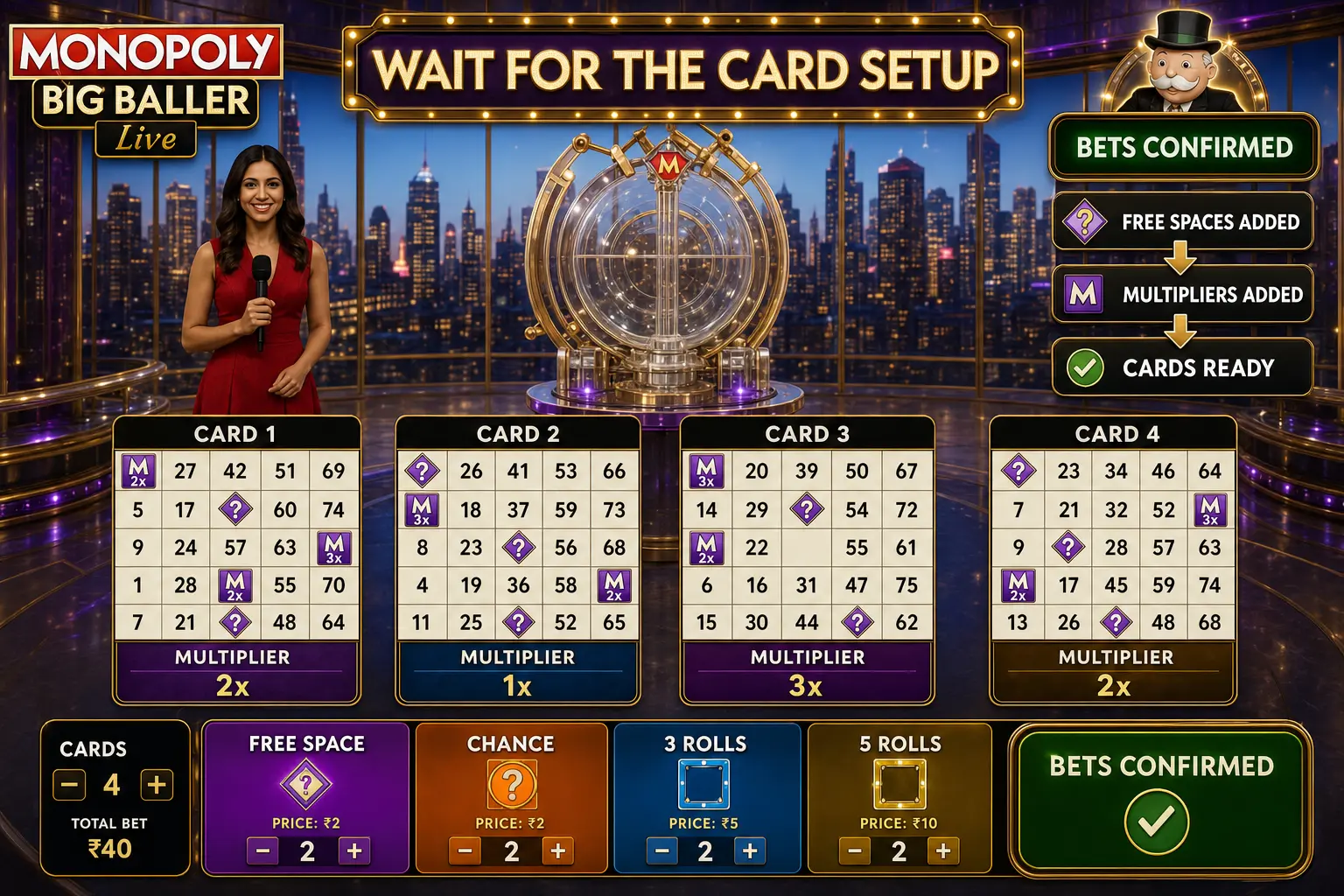 Monopoly Big Baller live game show showing bingo cards auto-filling with Free Spaces and multipliers after bets confirmed in India.