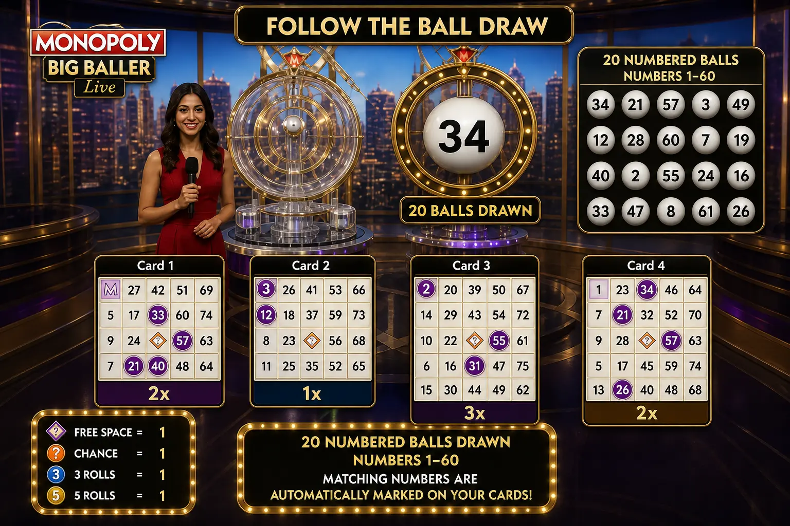 Live dealer draws numbered balls 1–60 in Monopoly Big Baller as matching numbers auto-mark bingo cards on-screen.