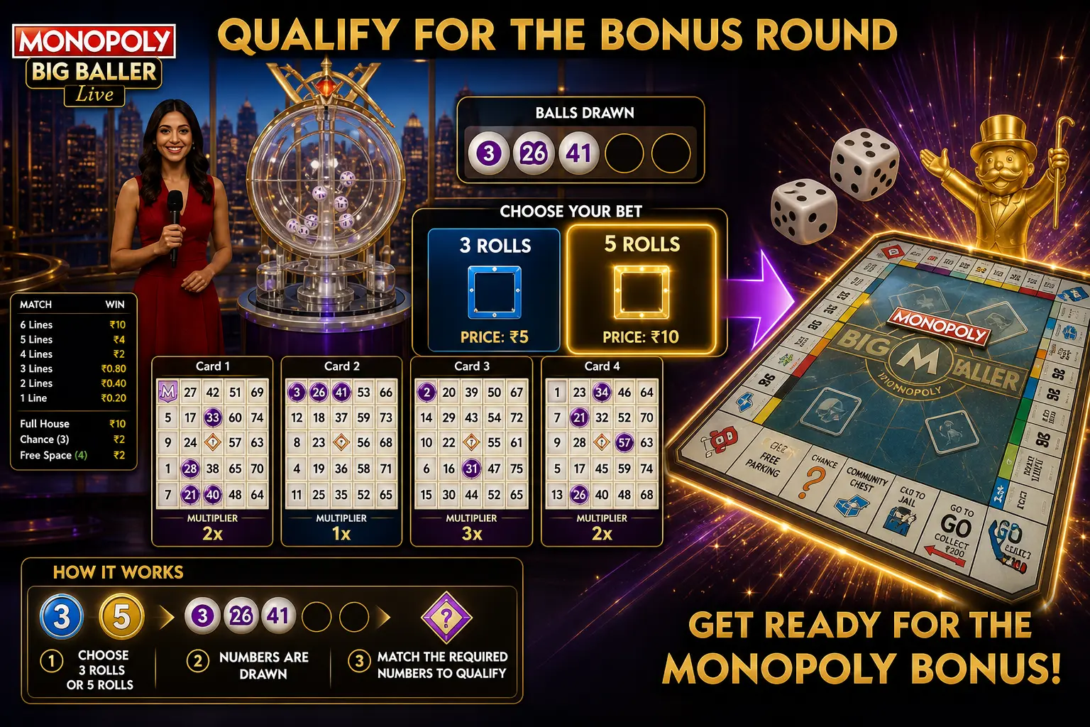 Monopoly Big Baller online guide: 3 Rolls and 5 Rolls betting options qualifying players for the bonus round.
